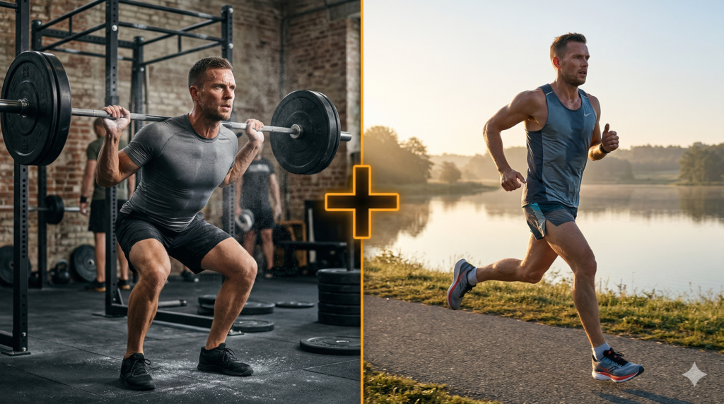 Mand der udfører squats med vægtstang i et fitnesscenter på venstre side, og løber en tur i naturen på højre side, adskilt af et orange plus-tegn for at illustrere hybridtræning.