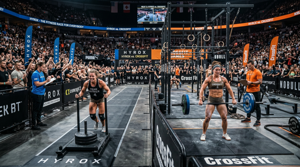 Two female athletes competing in a Hyrox vs CrossFit event, one pushing a weighted sled and the other lifting a barbell.