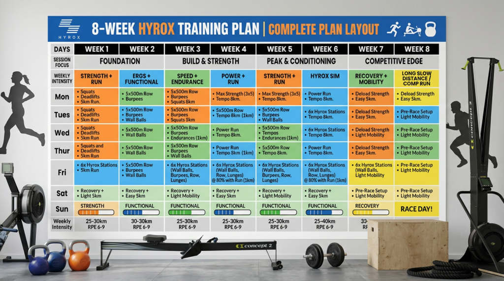 8-week Hyrox training plan chart divided by week, day, session focus, and weekly intensity